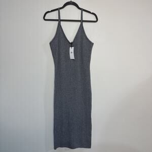7 For All Mankind Gray Ribbed Bodycon‎ Dress V-Neck Spaghetti Straps Large Nwt